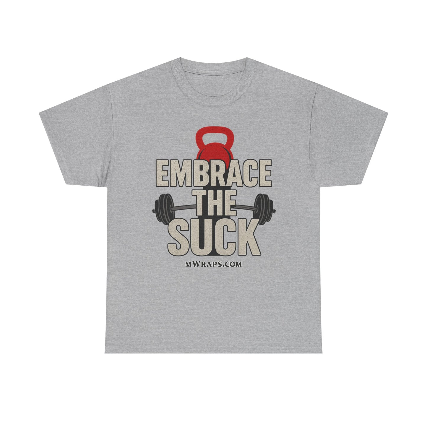 "Embrace The Suck" Gym T-Shirt – Motivational Workout Tee with Kettlebell & Barbell Graphic