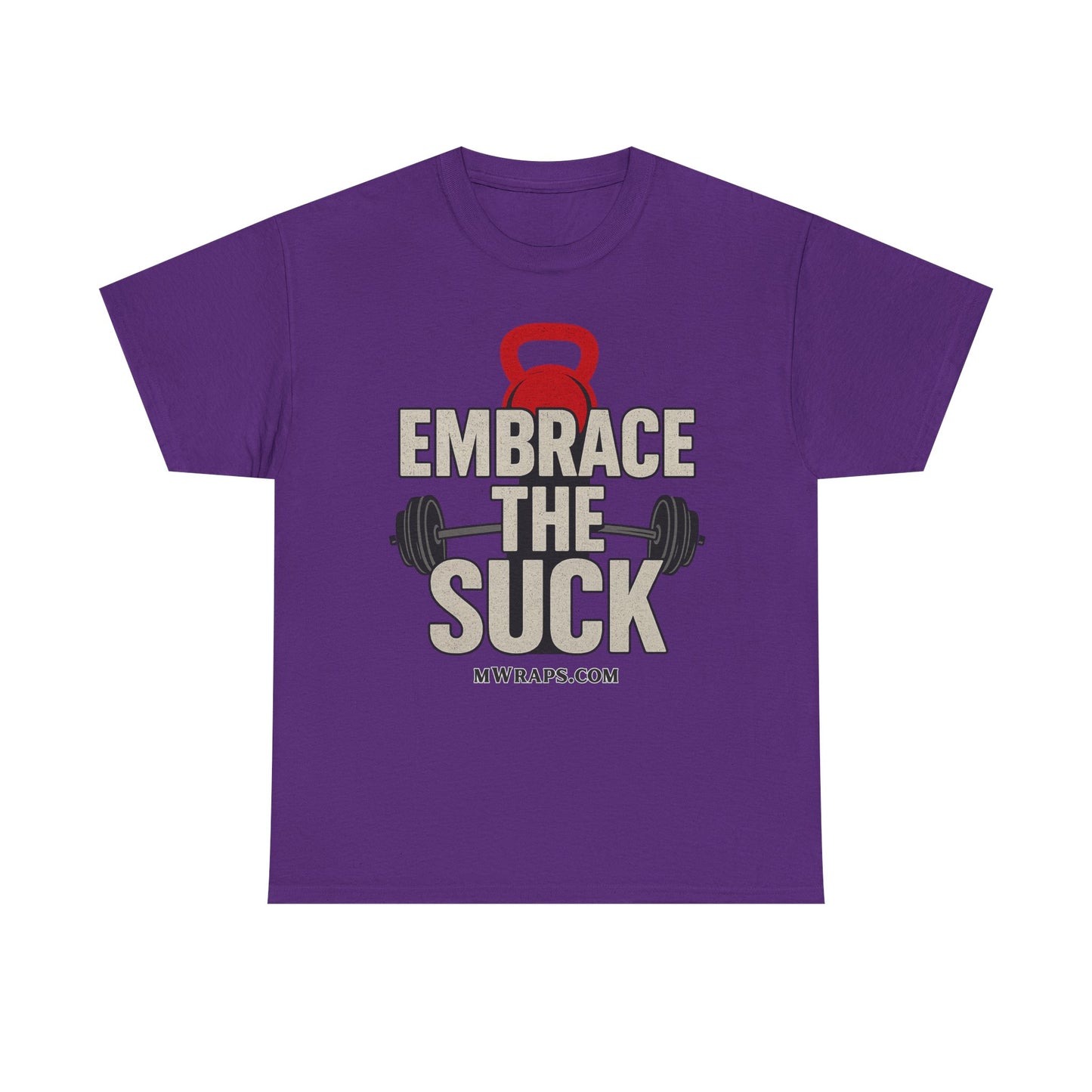 "Embrace The Suck" Gym T-Shirt – Motivational Workout Tee with Kettlebell & Barbell Graphic