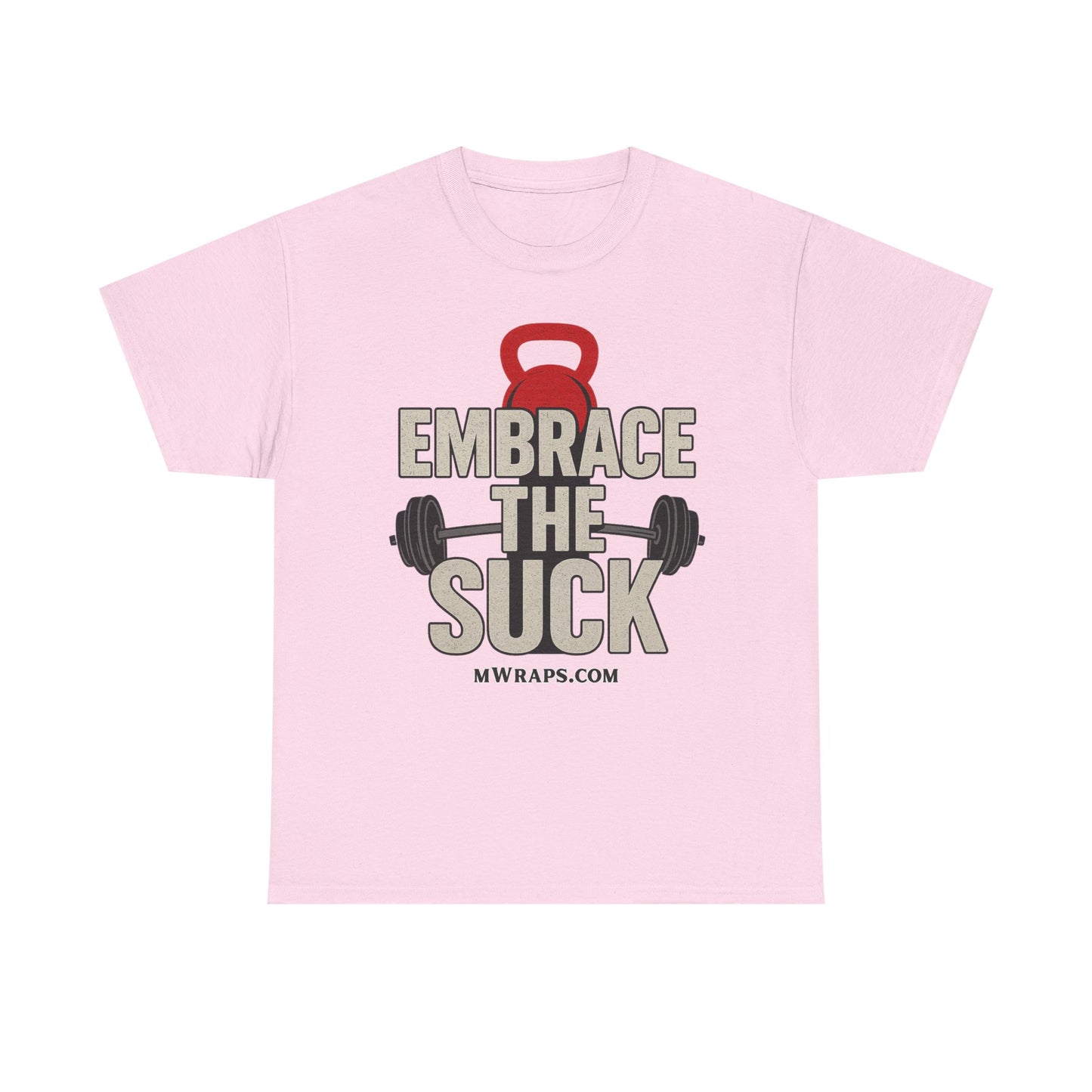 "Embrace The Suck" Gym T-Shirt – Motivational Workout Tee with Kettlebell & Barbell Graphic