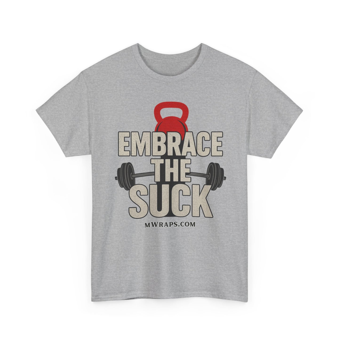 "Embrace The Suck" Gym T-Shirt – Motivational Workout Tee with Kettlebell & Barbell Graphic