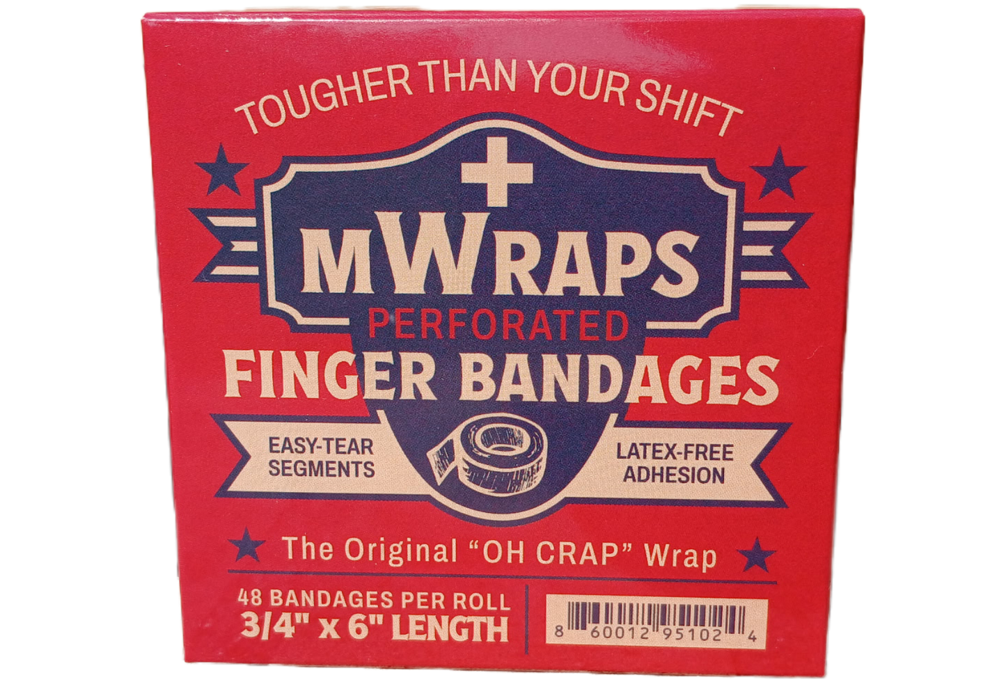Front of MWraps perforated finger bandage box with logo, product name, and tagline ‘Tougher Than Your Shift