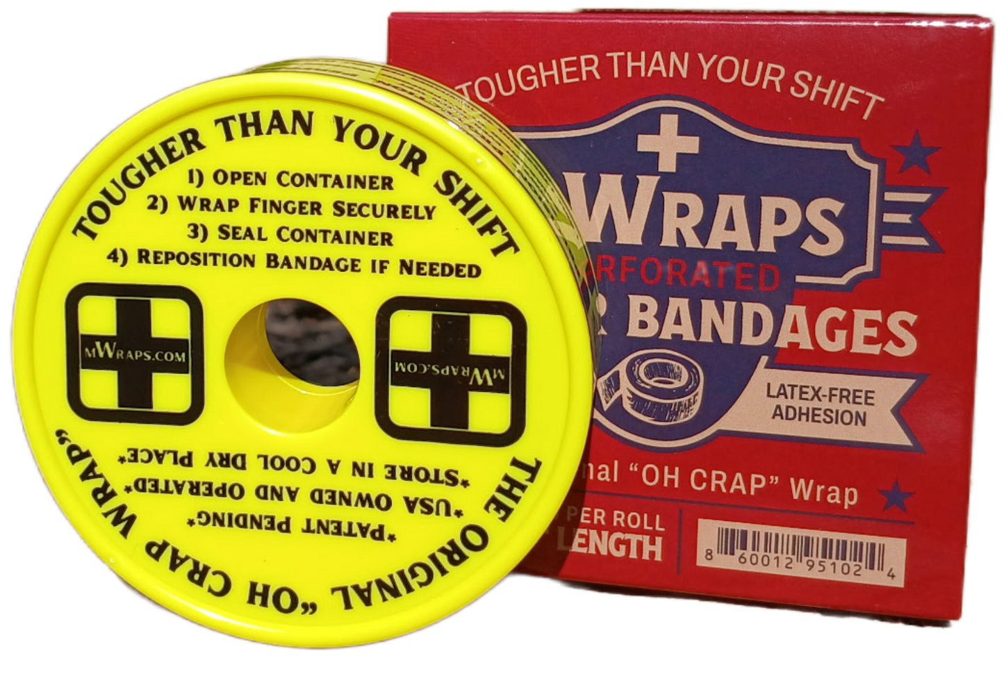 MWraps yellow roll lid showing usage instructions beside product box — precision adhesive bandages for hands and fingers
