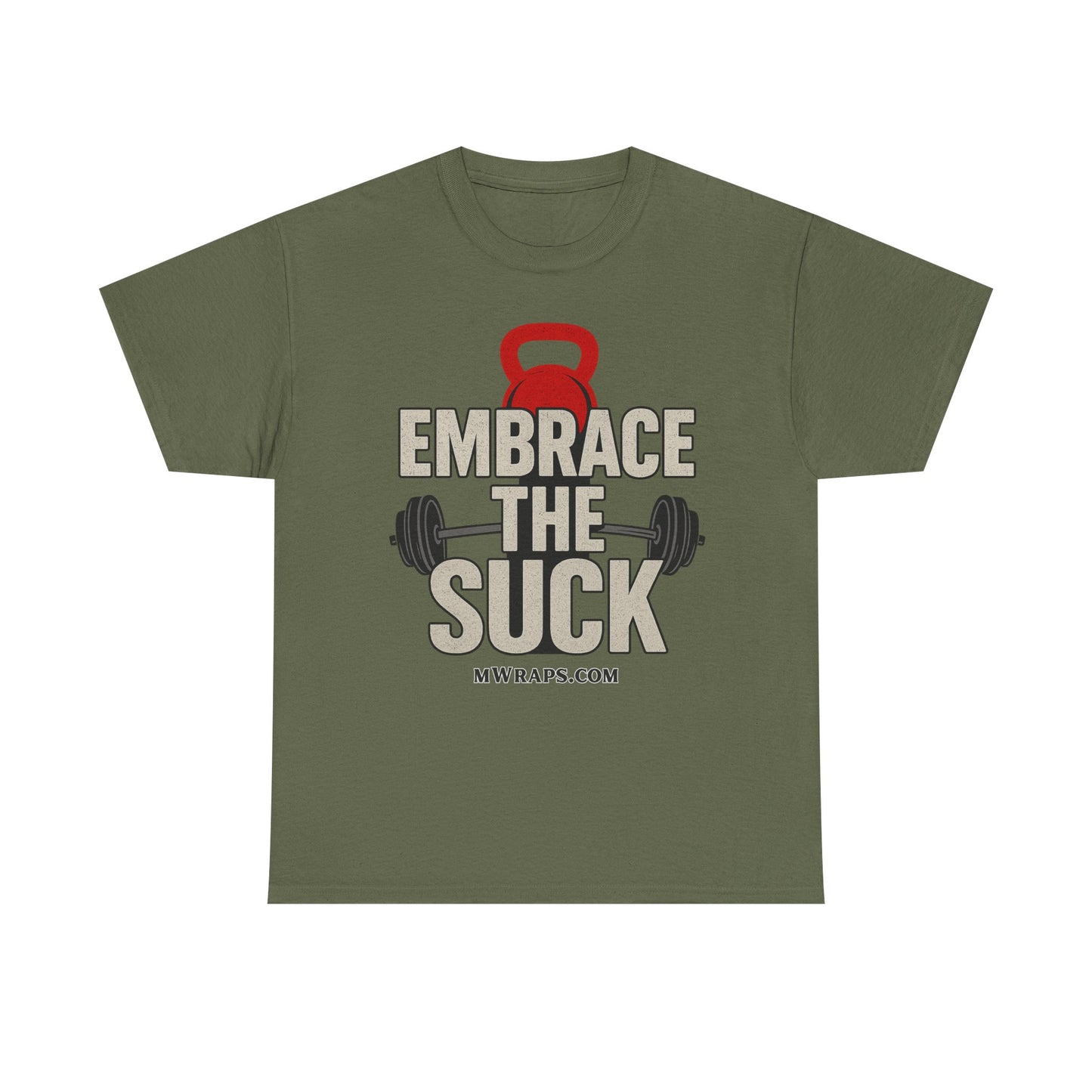 "Embrace The Suck" Gym T-Shirt – Motivational Workout Tee with Kettlebell & Barbell Graphic