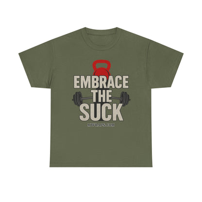 "Embrace The Suck" Gym T-Shirt – Motivational Workout Tee with Kettlebell & Barbell Graphic
