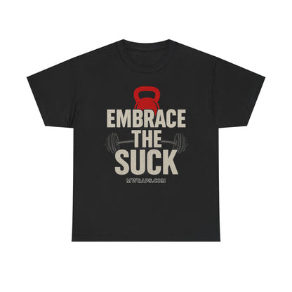 "Embrace The Suck" Gym T-Shirt – Motivational Workout Tee with Kettlebell & Barbell Graphic