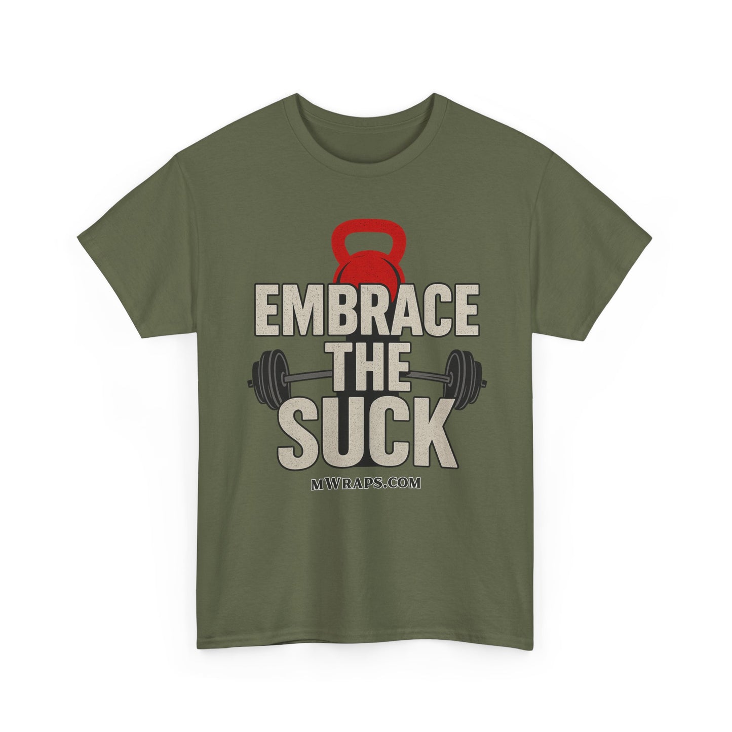 "Embrace The Suck" Gym T-Shirt – Motivational Workout Tee with Kettlebell & Barbell Graphic