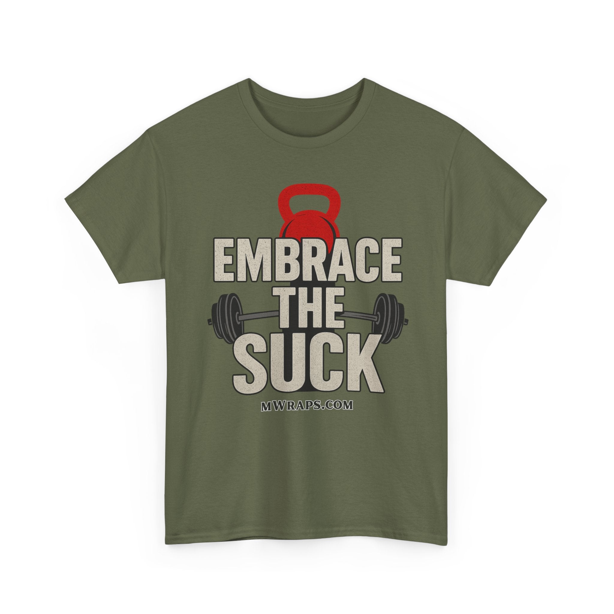 "Embrace The Suck" Gym T-Shirt – Motivational Workout Tee with Kettlebell & Barbell Graphic