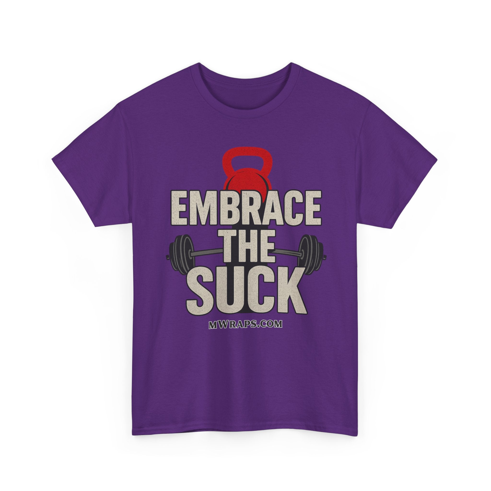 "Embrace The Suck" Gym T-Shirt – Motivational Workout Tee with Kettlebell & Barbell Graphic