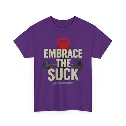 "Embrace The Suck" Gym T-Shirt – Motivational Workout Tee with Kettlebell & Barbell Graphic