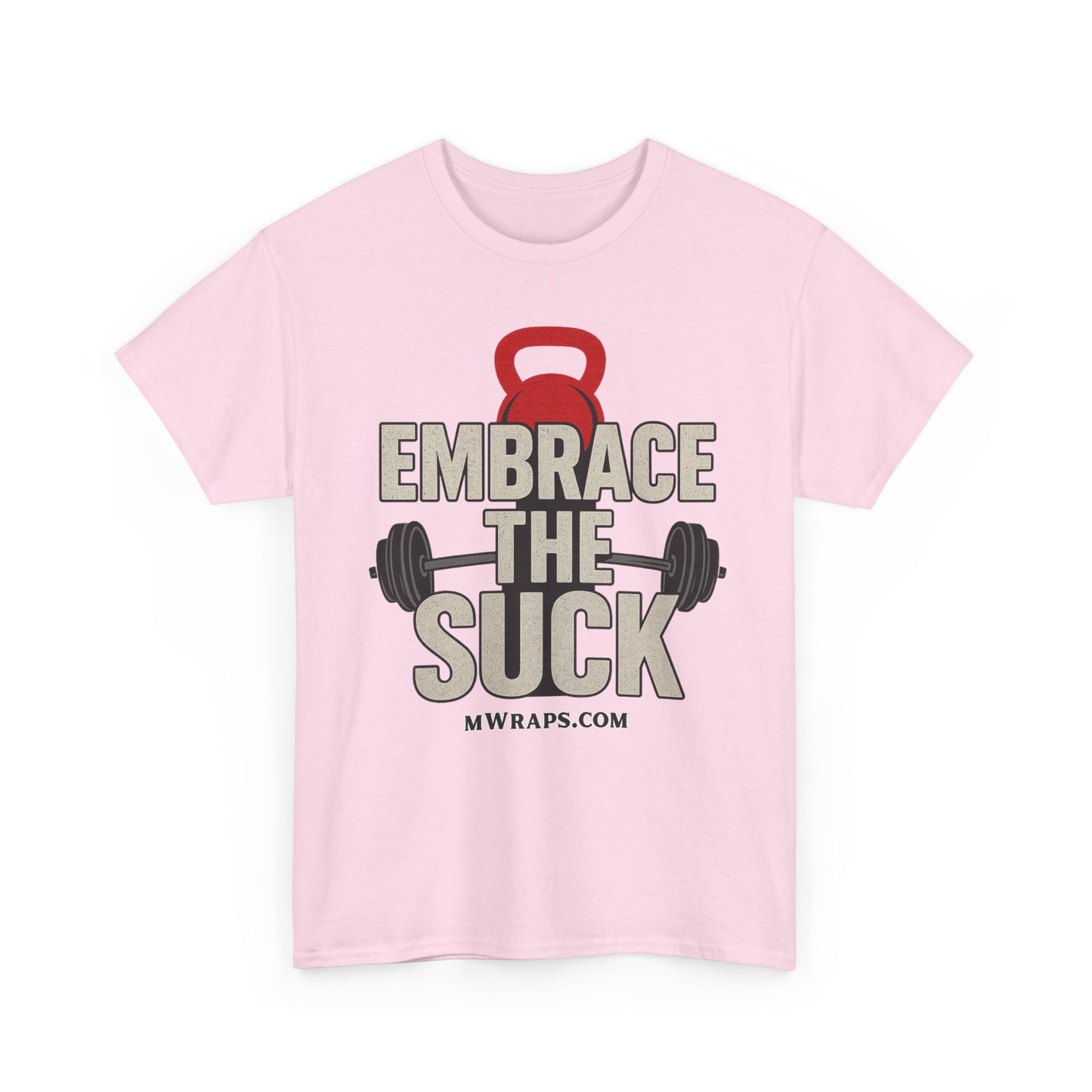 "Embrace The Suck" Gym T-Shirt – Motivational Workout Tee with Kettlebell & Barbell Graphic