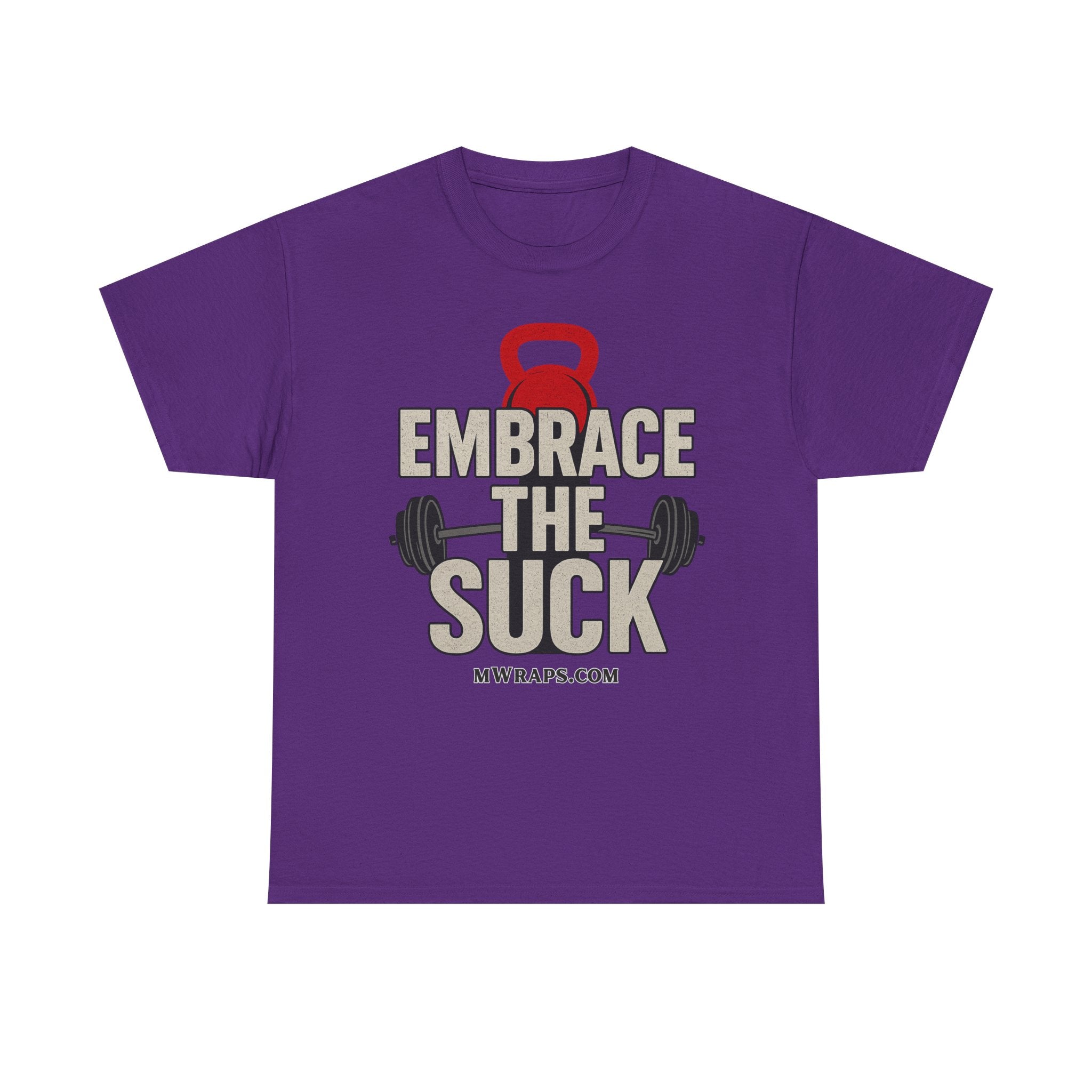 "Embrace The Suck" Gym T-Shirt – Motivational Workout Tee with Kettlebell & Barbell Graphic