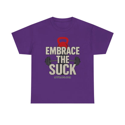 "Embrace The Suck" Gym T-Shirt – Motivational Workout Tee with Kettlebell & Barbell Graphic
