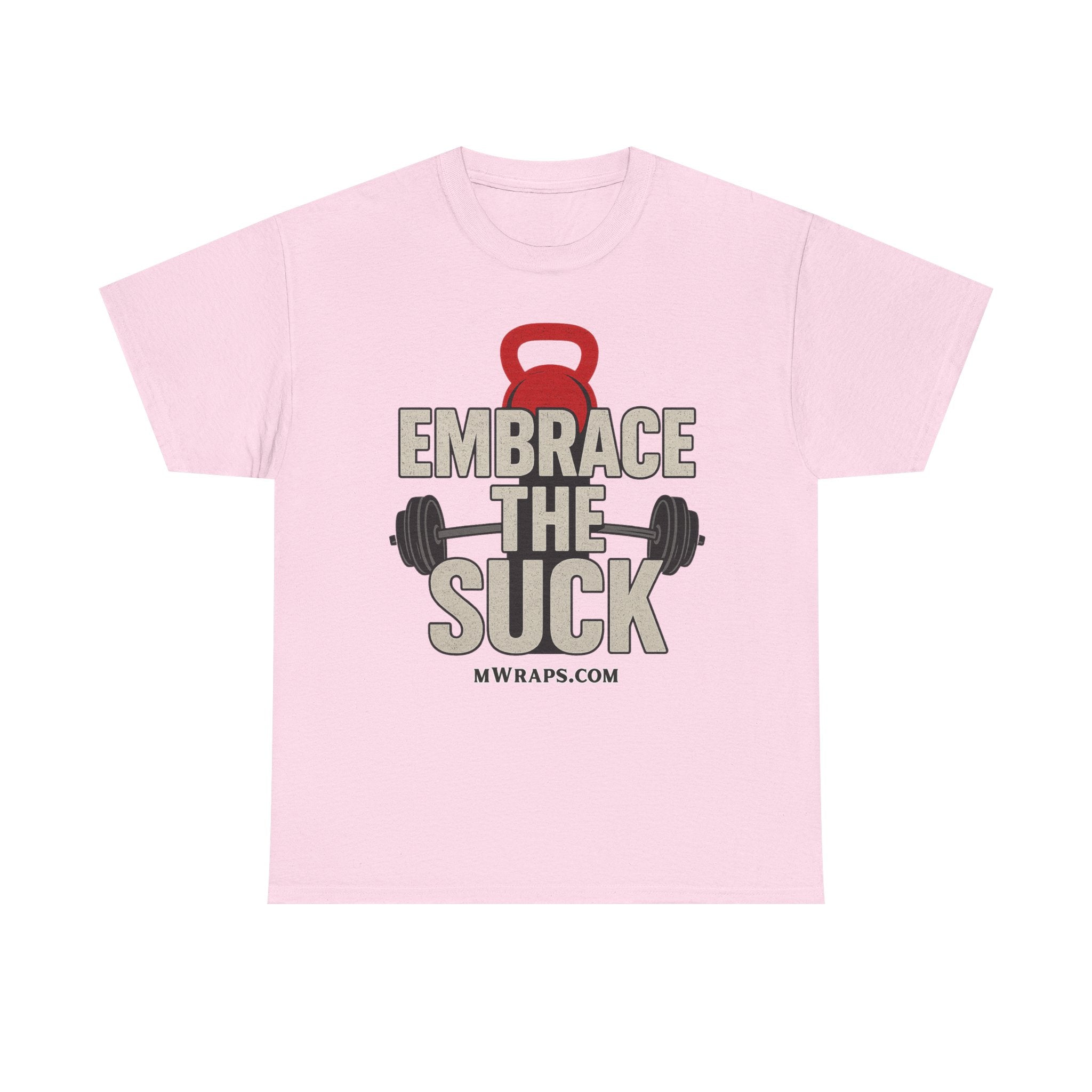 "Embrace The Suck" Gym T-Shirt – Motivational Workout Tee with Kettlebell & Barbell Graphic