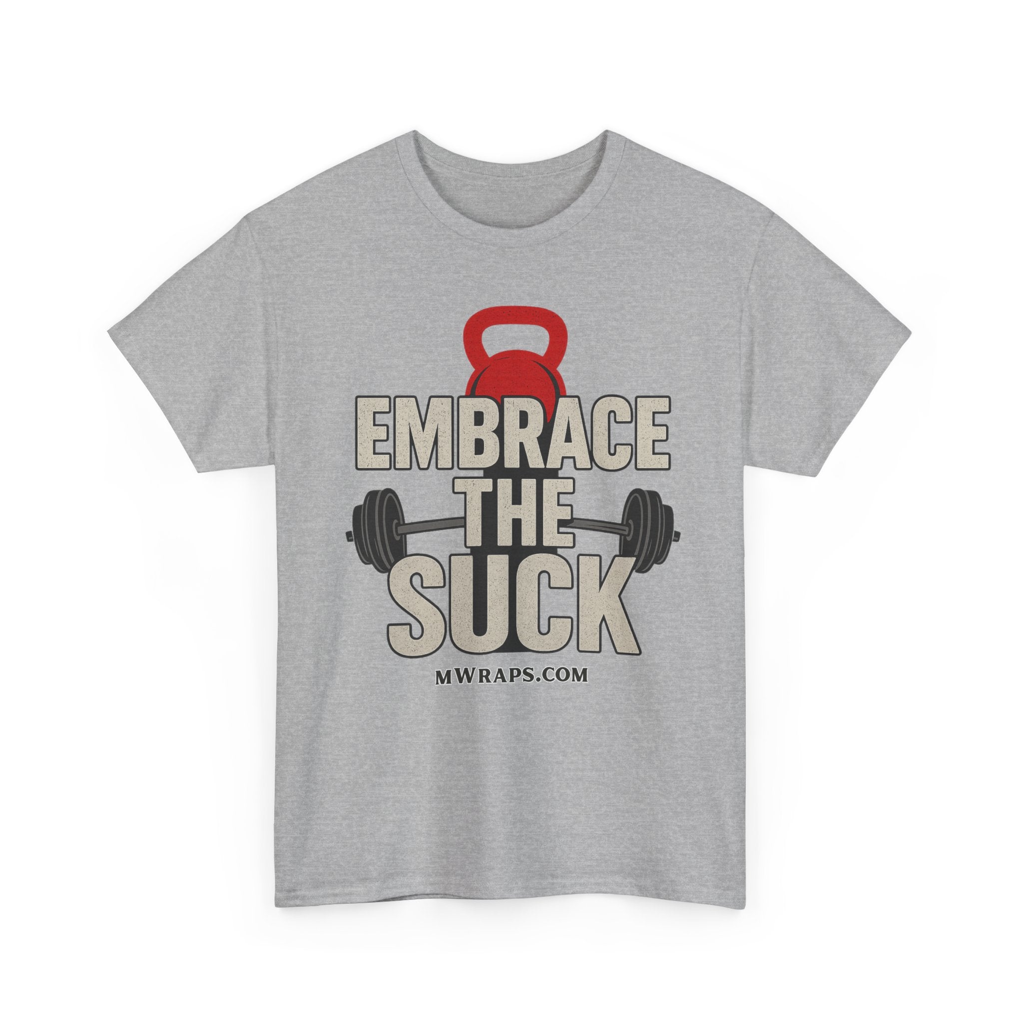 "Embrace The Suck" Gym T-Shirt – Motivational Workout Tee with Kettlebell & Barbell Graphic