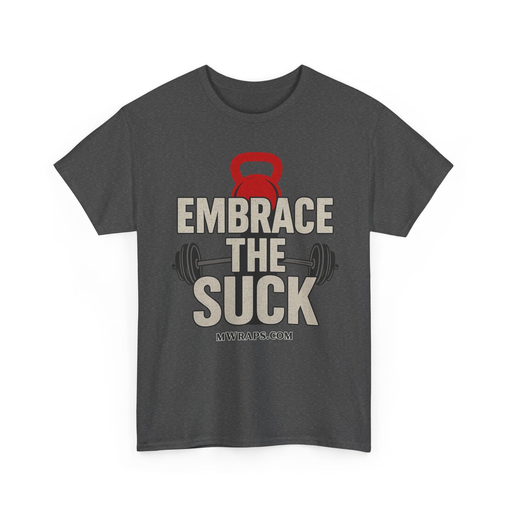 "Embrace The Suck" Gym T-Shirt – Motivational Workout Tee with Kettlebell & Barbell Graphic