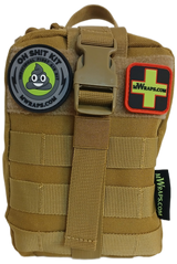 Tan tactical pouch with patches and branding on a white background