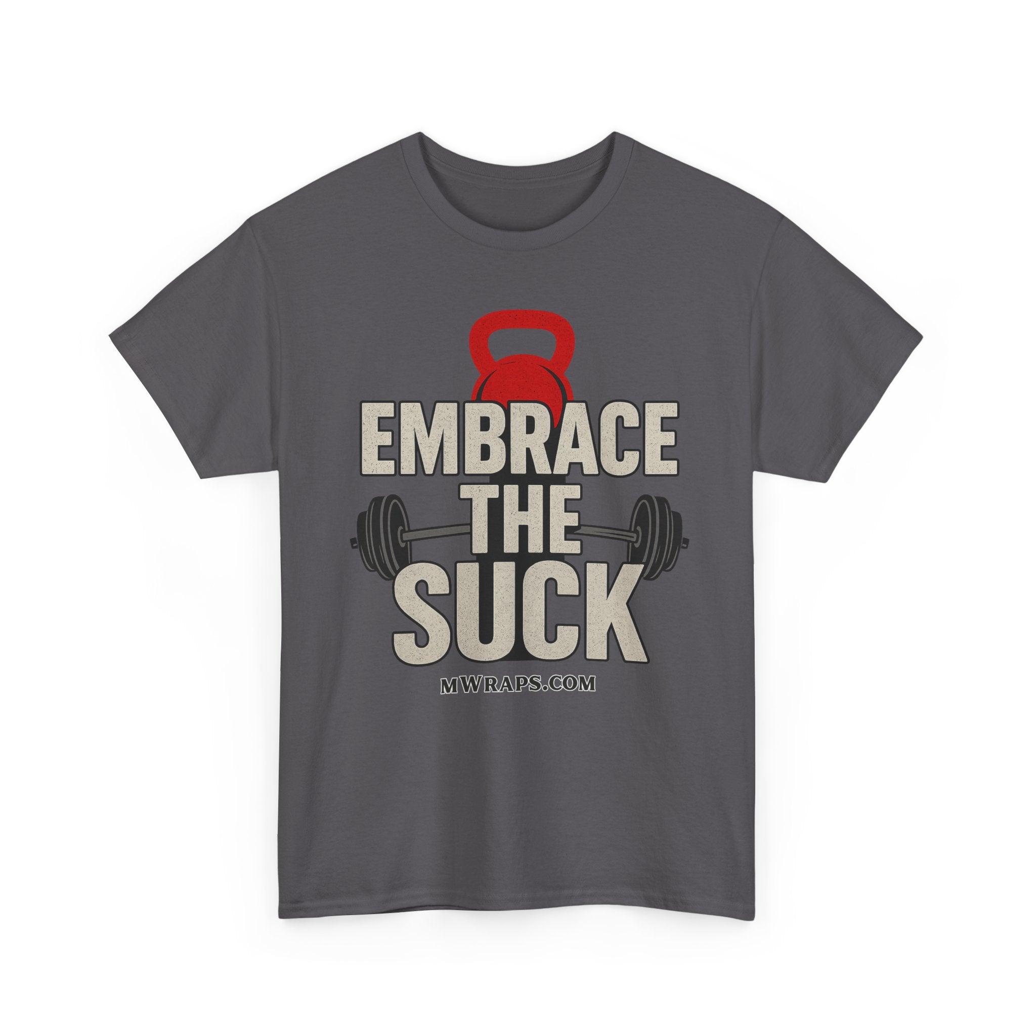 "Embrace The Suck" Gym T-Shirt – Motivational Workout Tee with Kettlebell & Barbell Graphic
