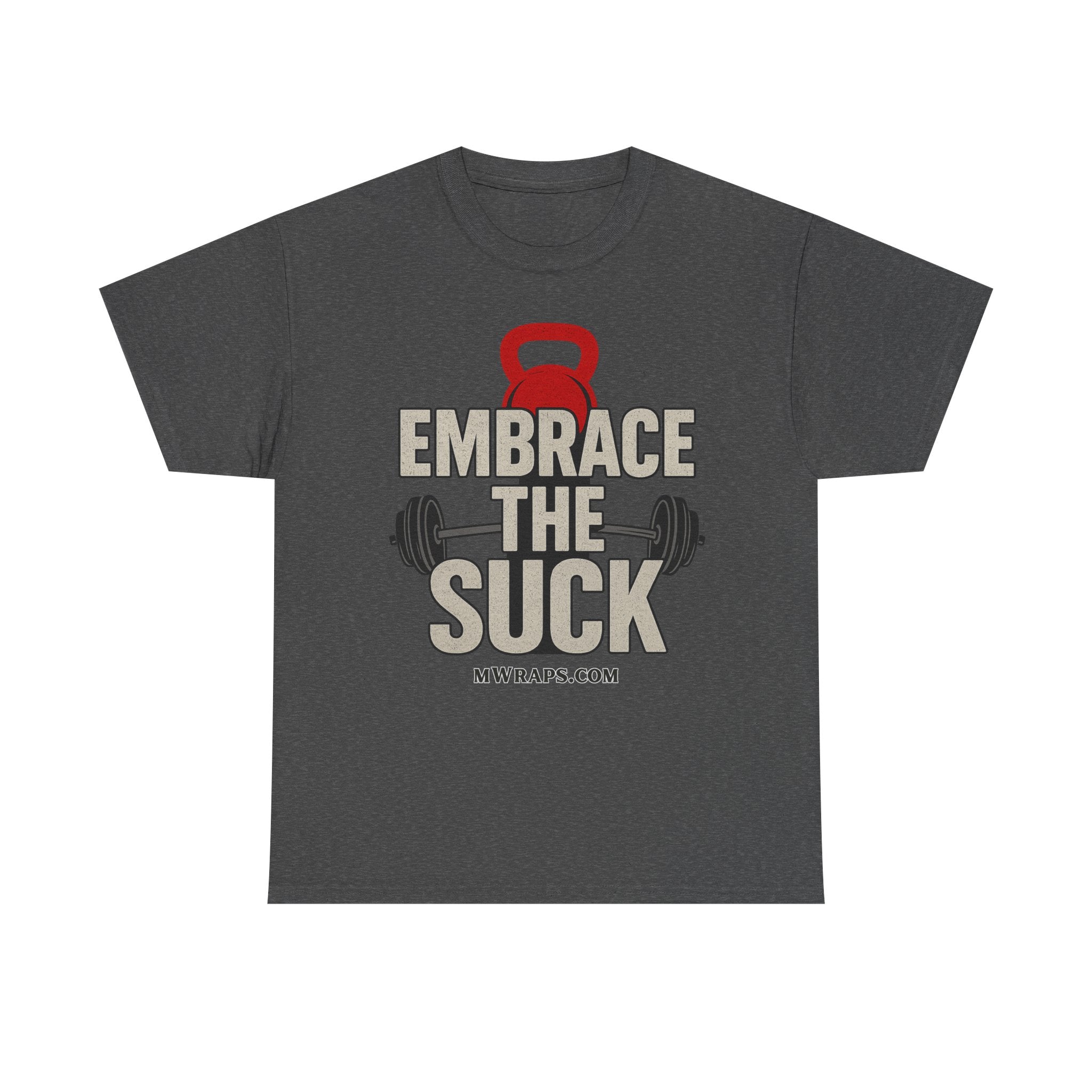 "Embrace The Suck" Gym T-Shirt – Motivational Workout Tee with Kettlebell & Barbell Graphic