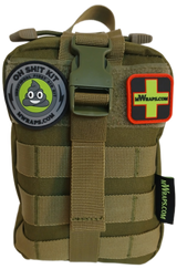 Olive green tactical pouch with patches and branding on a white background