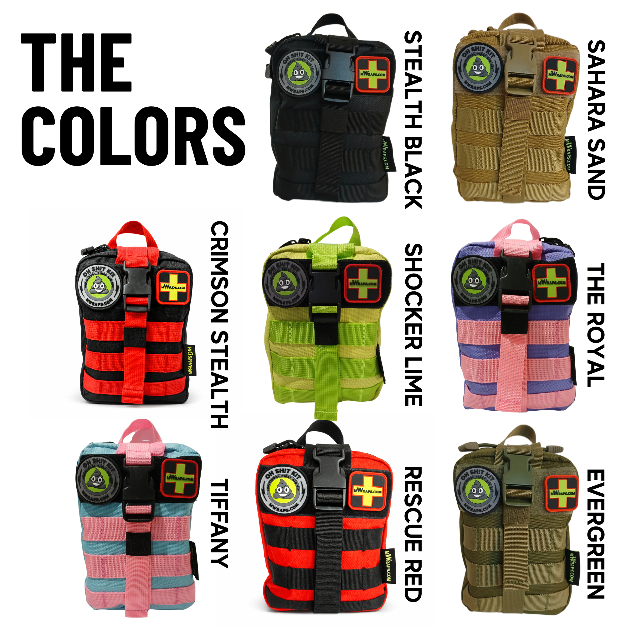 Collection of tactical pouches in various colors with labels on a white background.