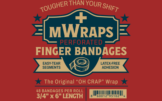 Advertisement for MWraps perforated finger bandages on a red background