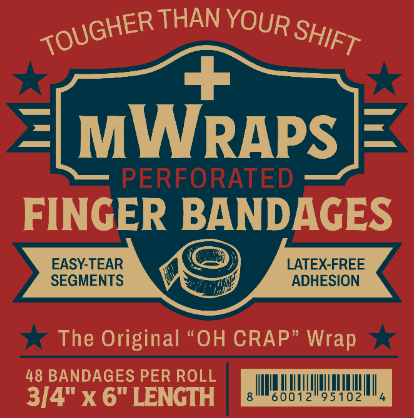 Advertisement for MWraps perforated finger bandages on a red background