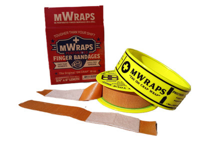 MWraps perforated finger bandages with roll, box, and individual wrap strips — durable latex-free adhesive.