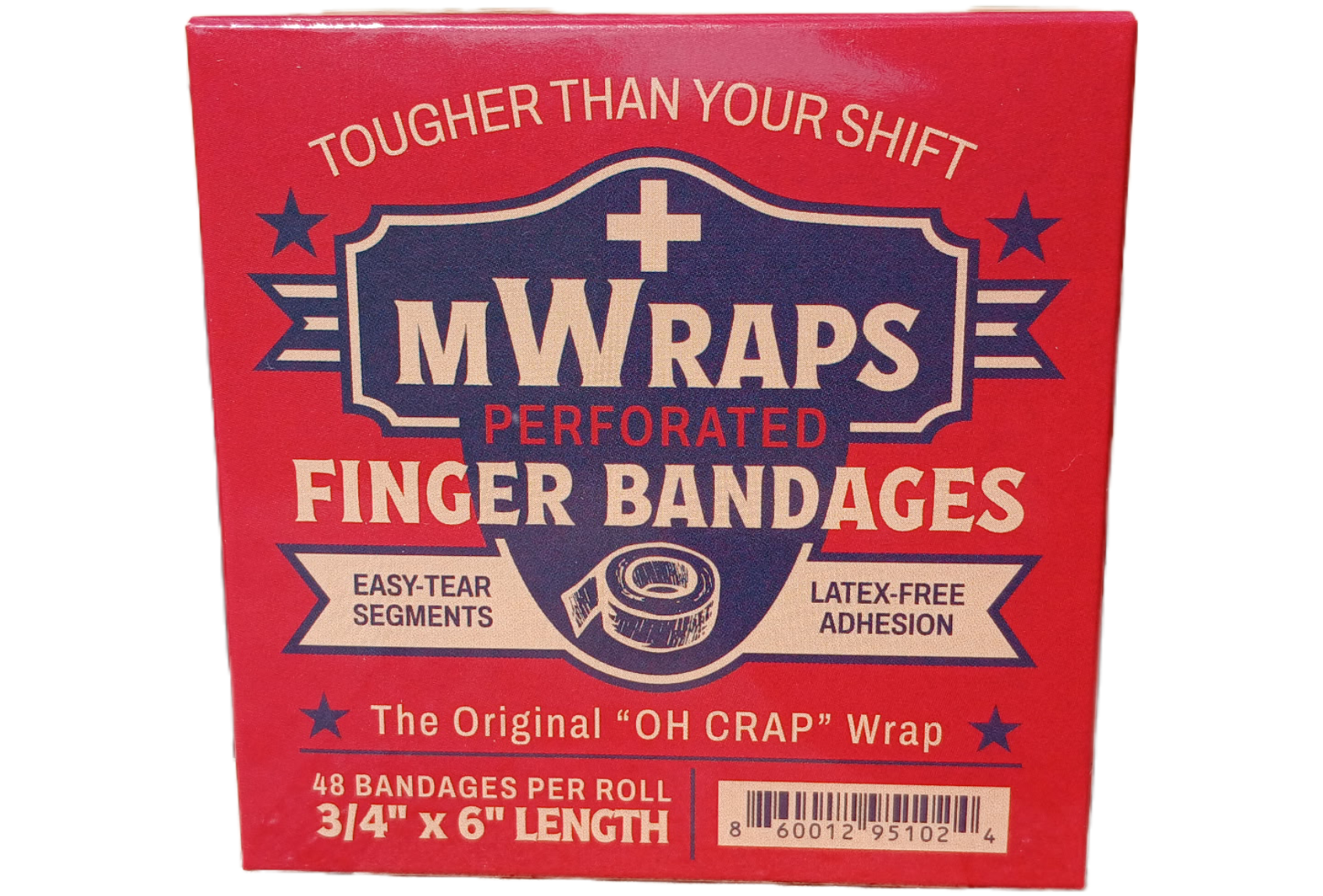 Front of MWraps perforated finger bandage box with logo, product name, and tagline ‘Tougher Than Your Shift