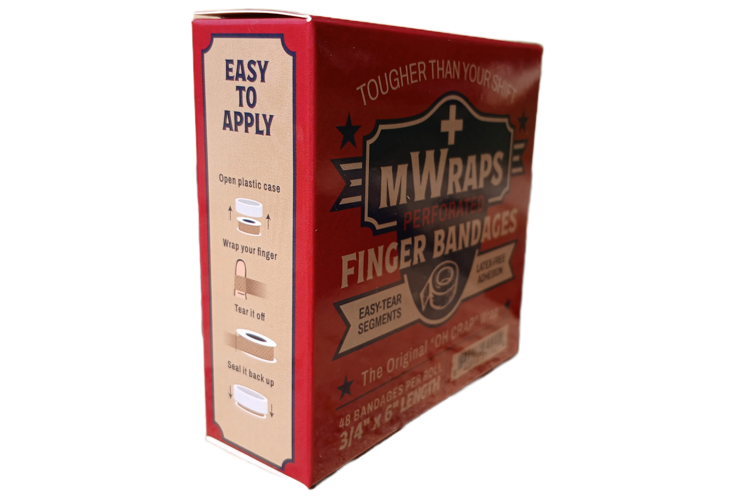 Side of MWraps finger bandage box showing easy-to-apply step-by-step instructions and packaging details.