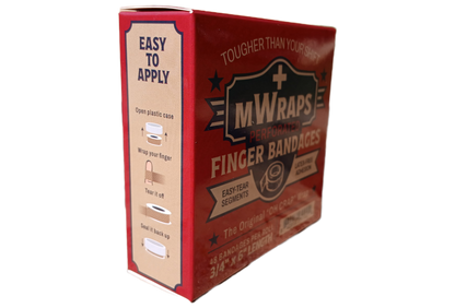 Side of MWraps finger bandage box showing easy-to-apply step-by-step instructions and packaging details.