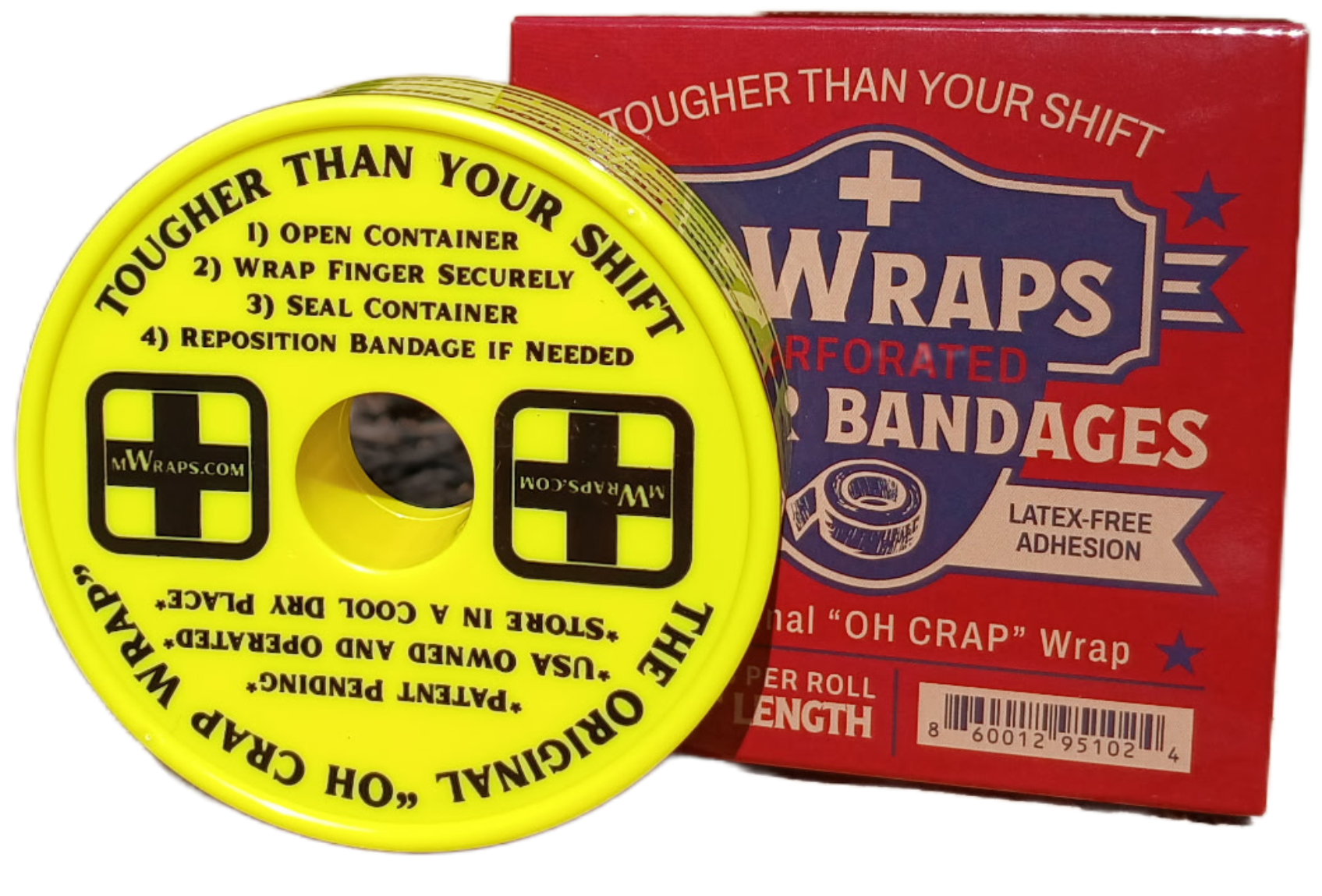 MWraps yellow roll lid showing usage instructions beside product box — precision adhesive bandages for hands and fingers