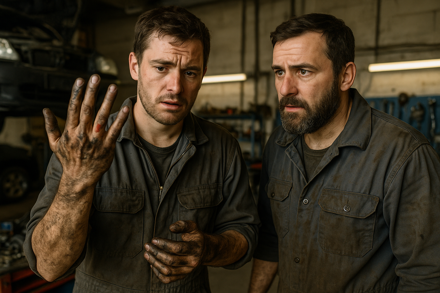 picture of a couple of mechanics with greasy hands while one is holding his own hand appearing injured waiting for a bandage